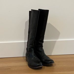 Frye black leather low heeled pull on boots